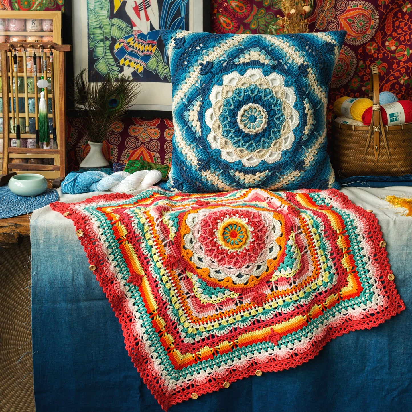 Camellia Butterfly Pillow Blanket Crochet Yarn Kit | Susan's Family Cushion Cover Yunnan Style