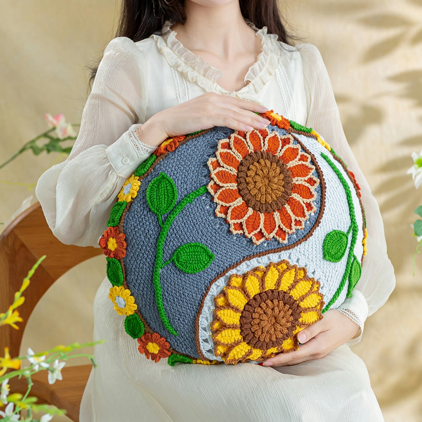 Sunflower Pillow Cover Crochet Yarn Kit | Susan's Family Crochet Kit for Beginners, Starter Easy Learn w Pattern & Video Tutorials