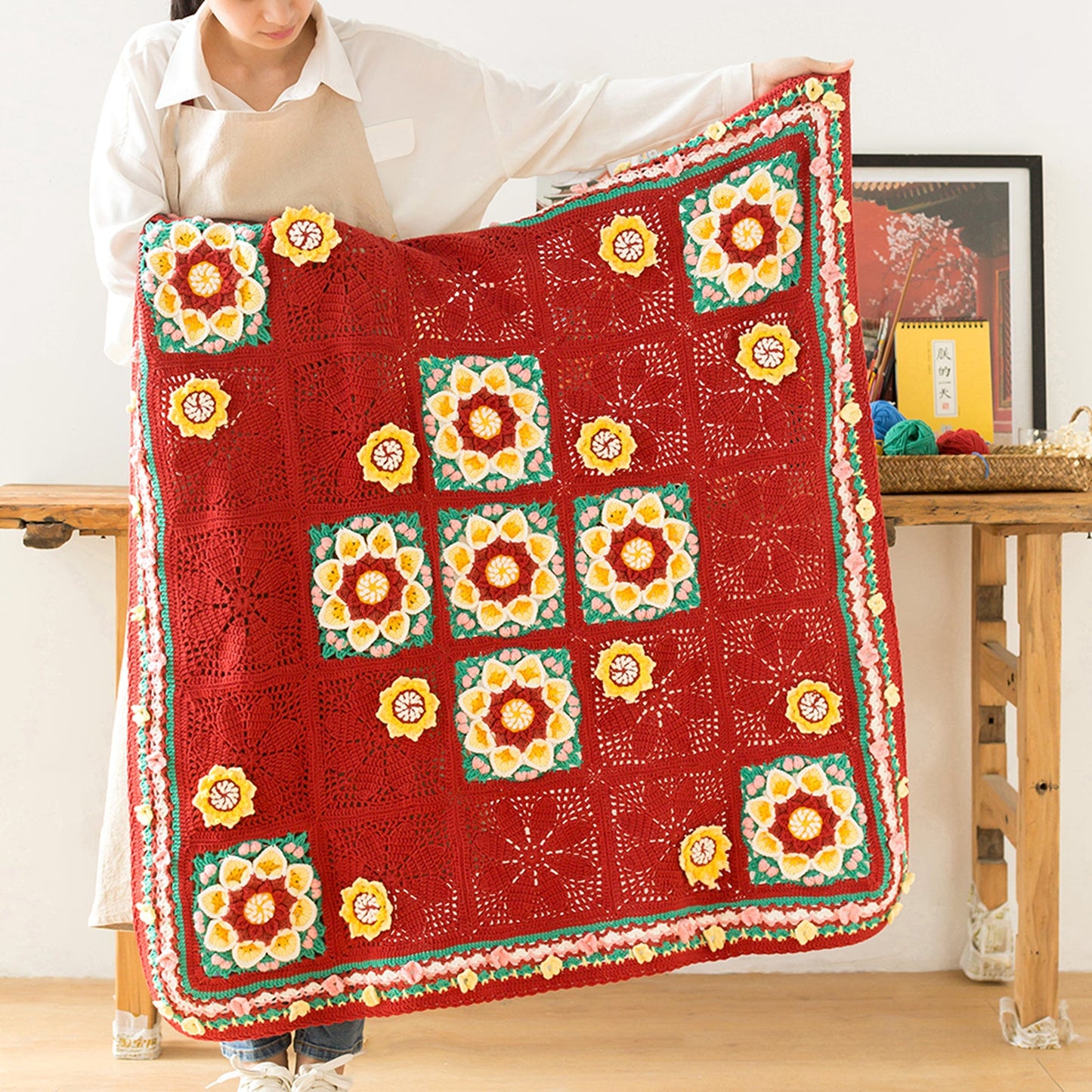 Baoxiang Flower Glazed Wall Pattern Blanket Crochet Yarn Kit | Susan's Family Beginners Crochet Kit Baoxianghua Glass Shadow Tapestry