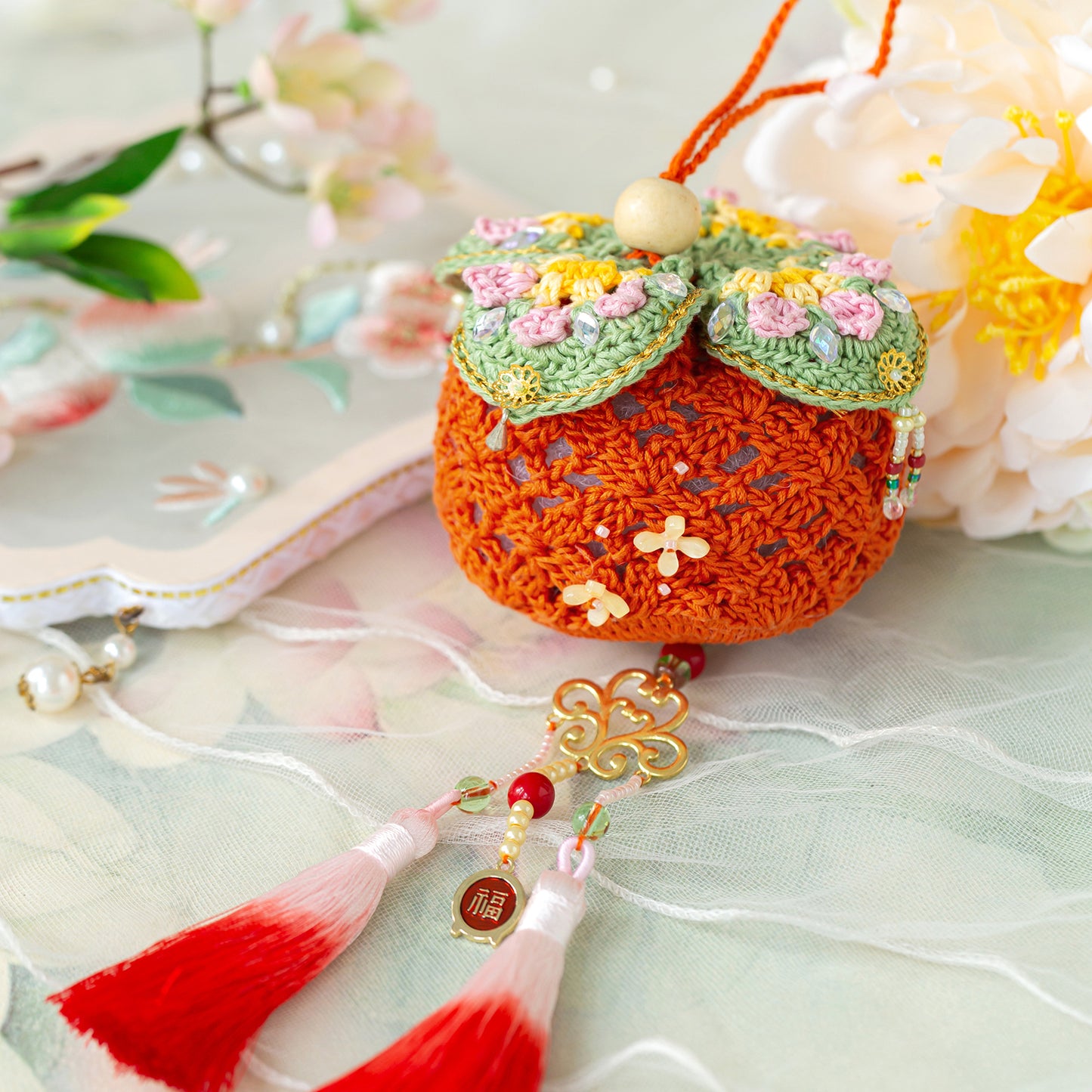 Lucky Persimmon Pouch Crochet Yarn Kit | Chinese Aesthetics Series | Susan's Family