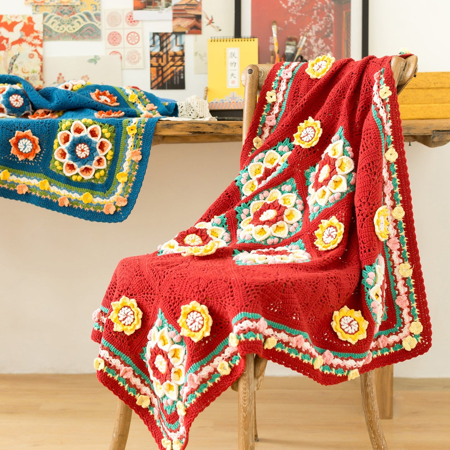 Baoxiang Flower Glazed Wall Pattern Blanket Crochet Yarn Kit | Susan's Family Beginners Crochet Kit Baoxianghua Glass Shadow Tapestry