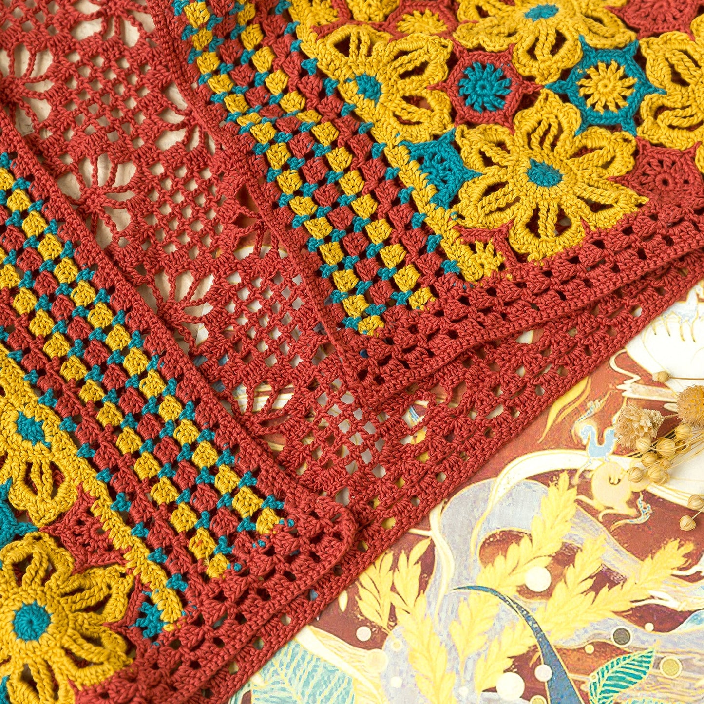 Sparse Shadow Stained Glass Shawl Crochet Yarn Kit | Two-way shawl with sparse shadows and flower window
