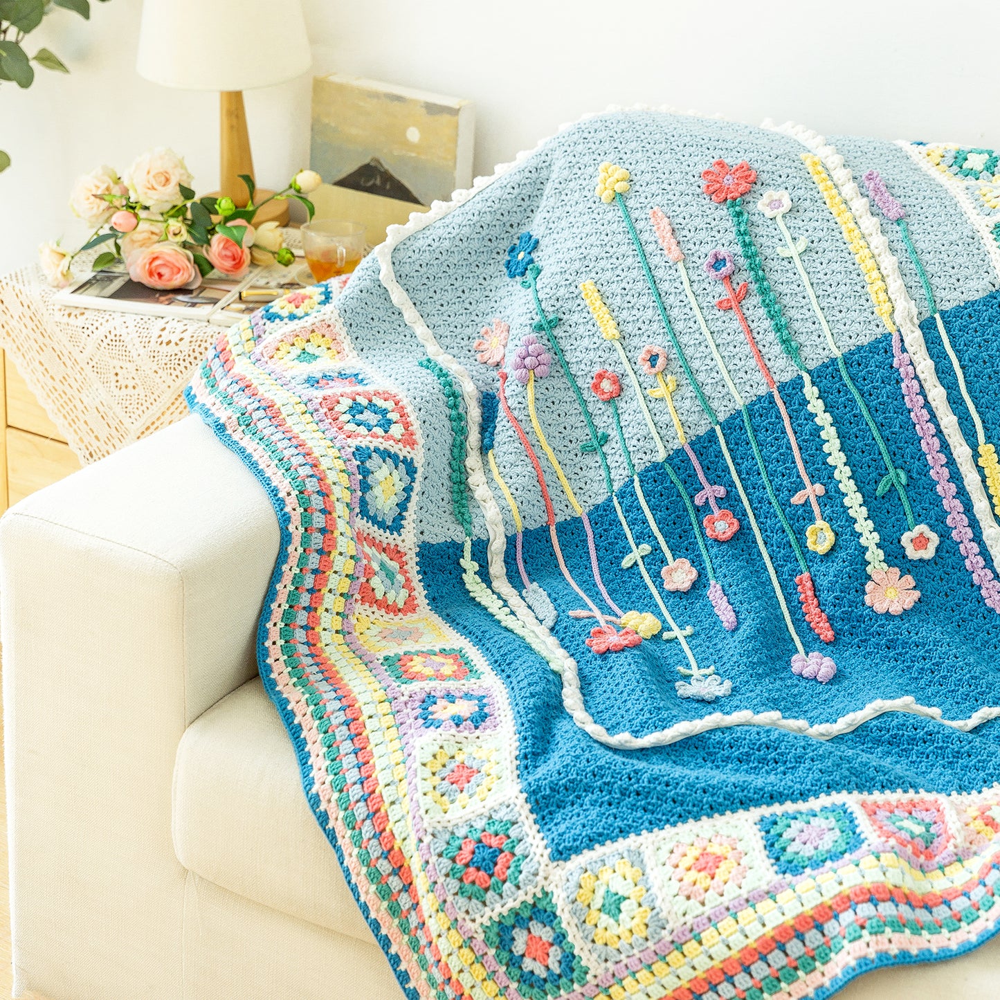 Flower Shadow Pillow Case-Blanket Crochet Yarn Kit | Susan's Family