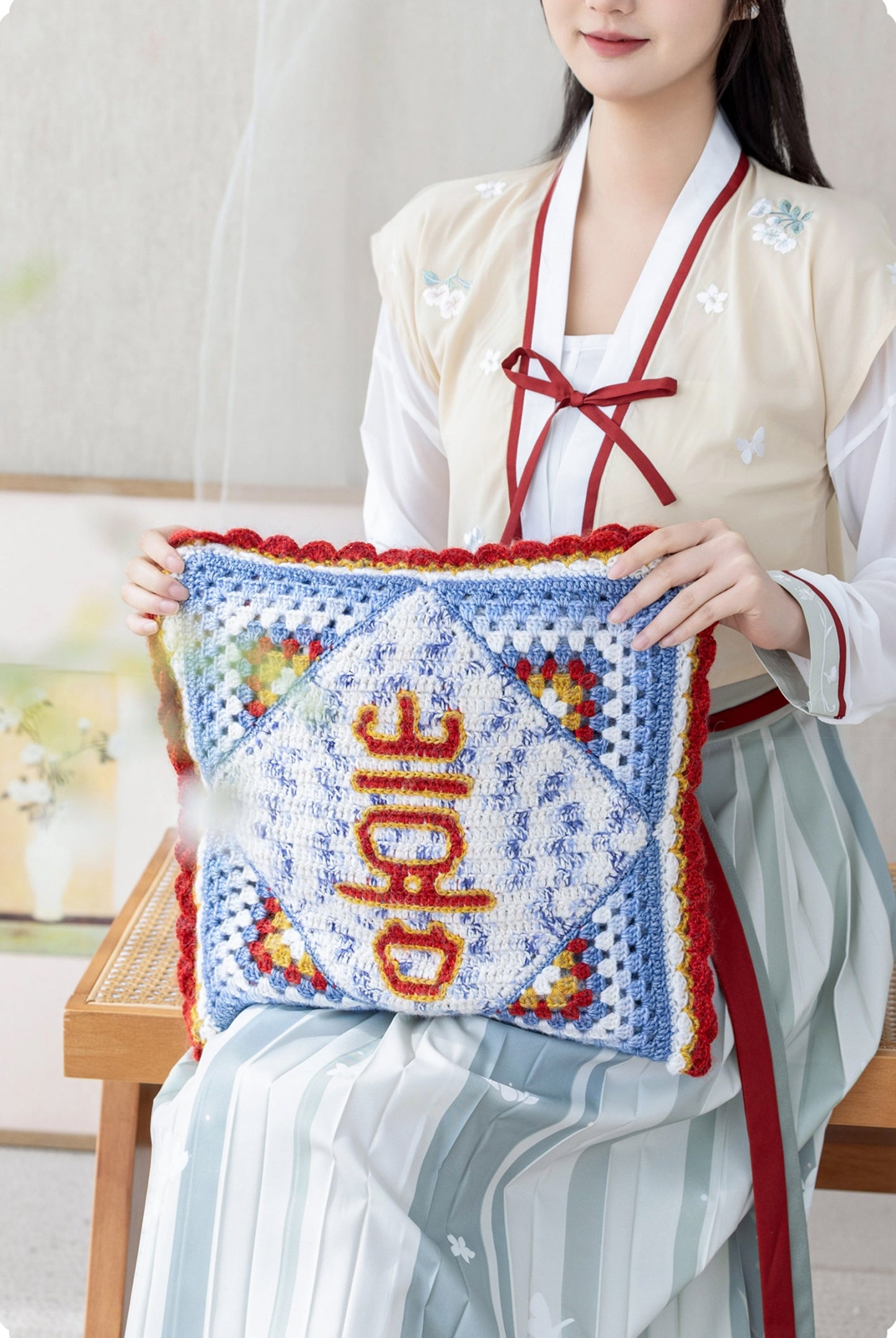 Blue and White Joy Pillow Blanket Crochet Yarn Kit