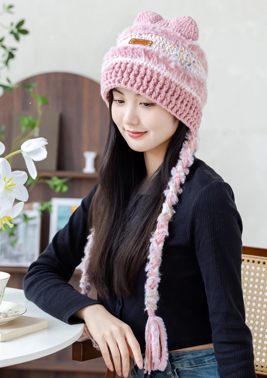 Tassels Cat Ear Beanie Crochet Yarn Kit