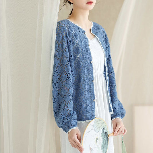 Kit de laine au crochet pour cardigan motif lotus | Série Esthétique chinoise | La famille de Susan