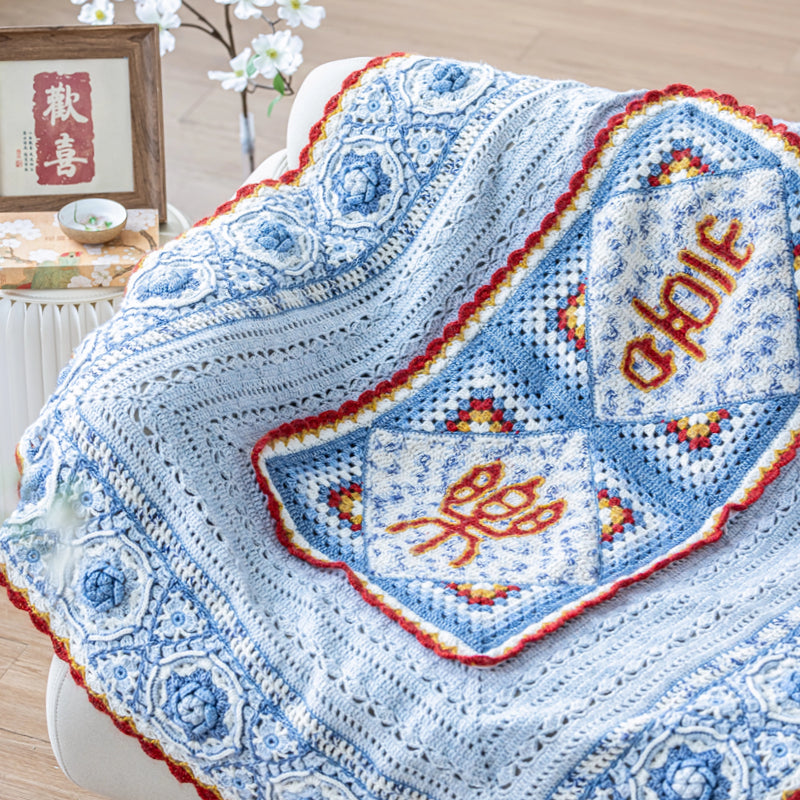 Blue and White Joy Pillow Blanket Crochet Yarn Kit