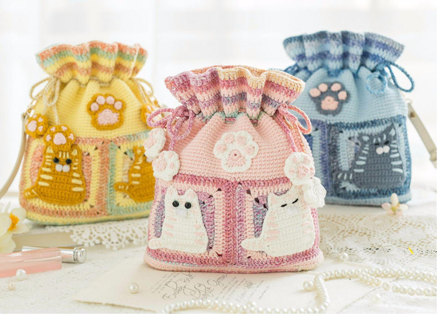 Kitty Drawstring Bag Crochet Kit