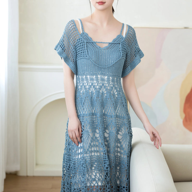 dress with crochet lace neck Tropica View Crochet Lace Seashell High Neck Long Bell Sleeve Mini Dr prettylilygal