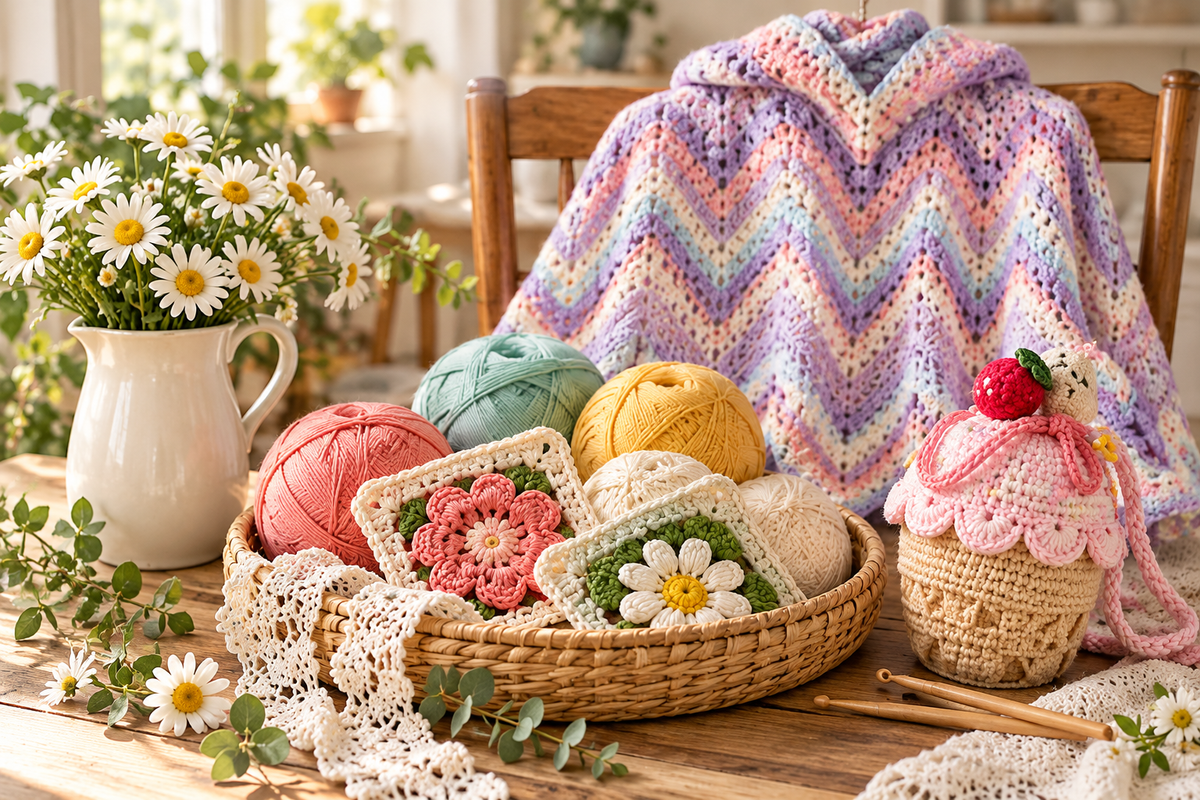 Colorful yarn, crochet swatches, a pastel cloak and a cone bag on a bright worktable