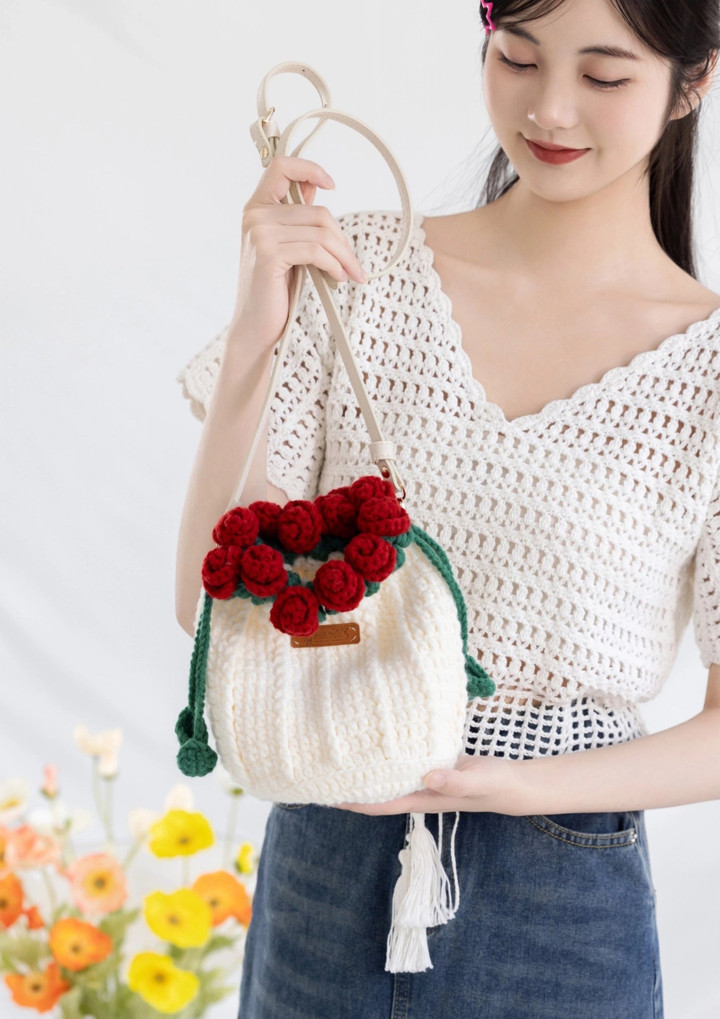 Rose Drawstring Bag Crochet Pattern