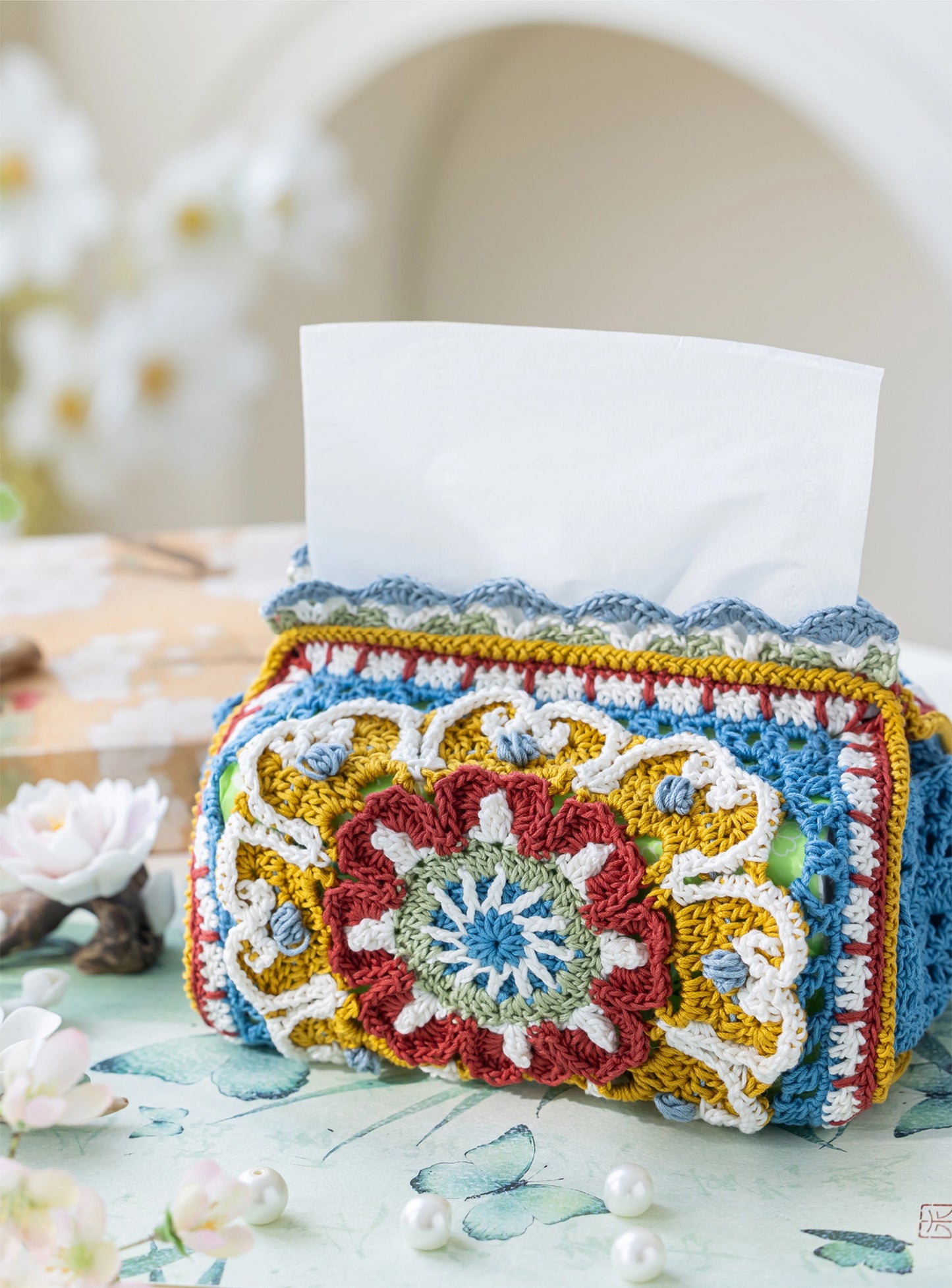 Brocade Bloom Tissue Box Cover Crochet Pattern