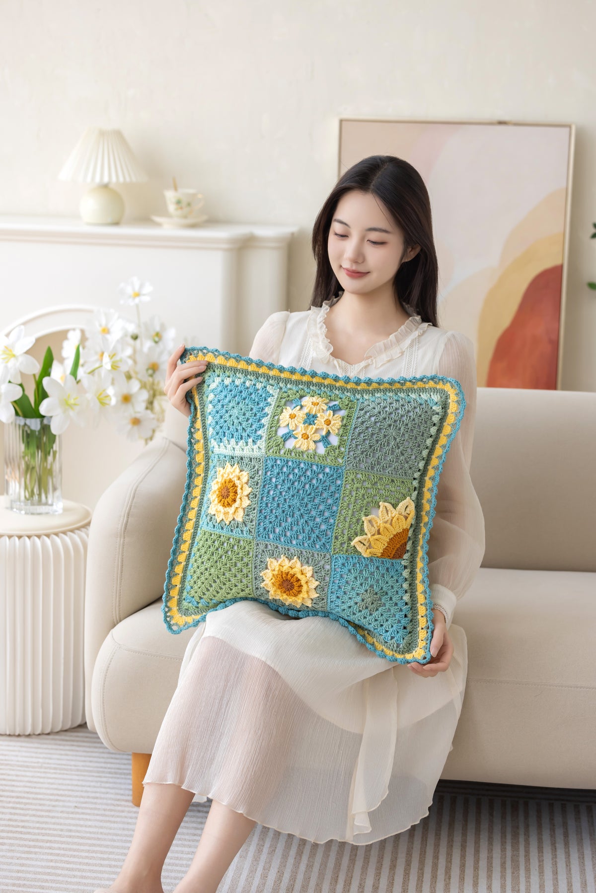 Sunflower Patchwork Pillow Case Crochet Pattern
