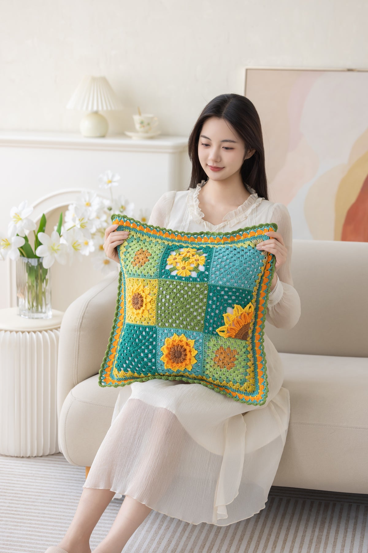 Sunflower Patchwork Pillow Case Crochet Pattern