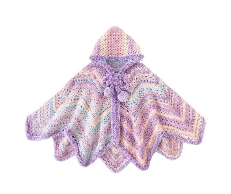 Starry hooded crochet cloak in pastel purple, pink, blue and cream, with lavender fluffy trim and pom-pom ties.