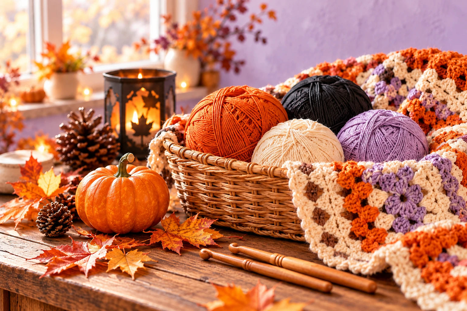 Color inspiration: orange, black, cream and lilac yarn in a basket, with a pumpkin and lavender autumn light