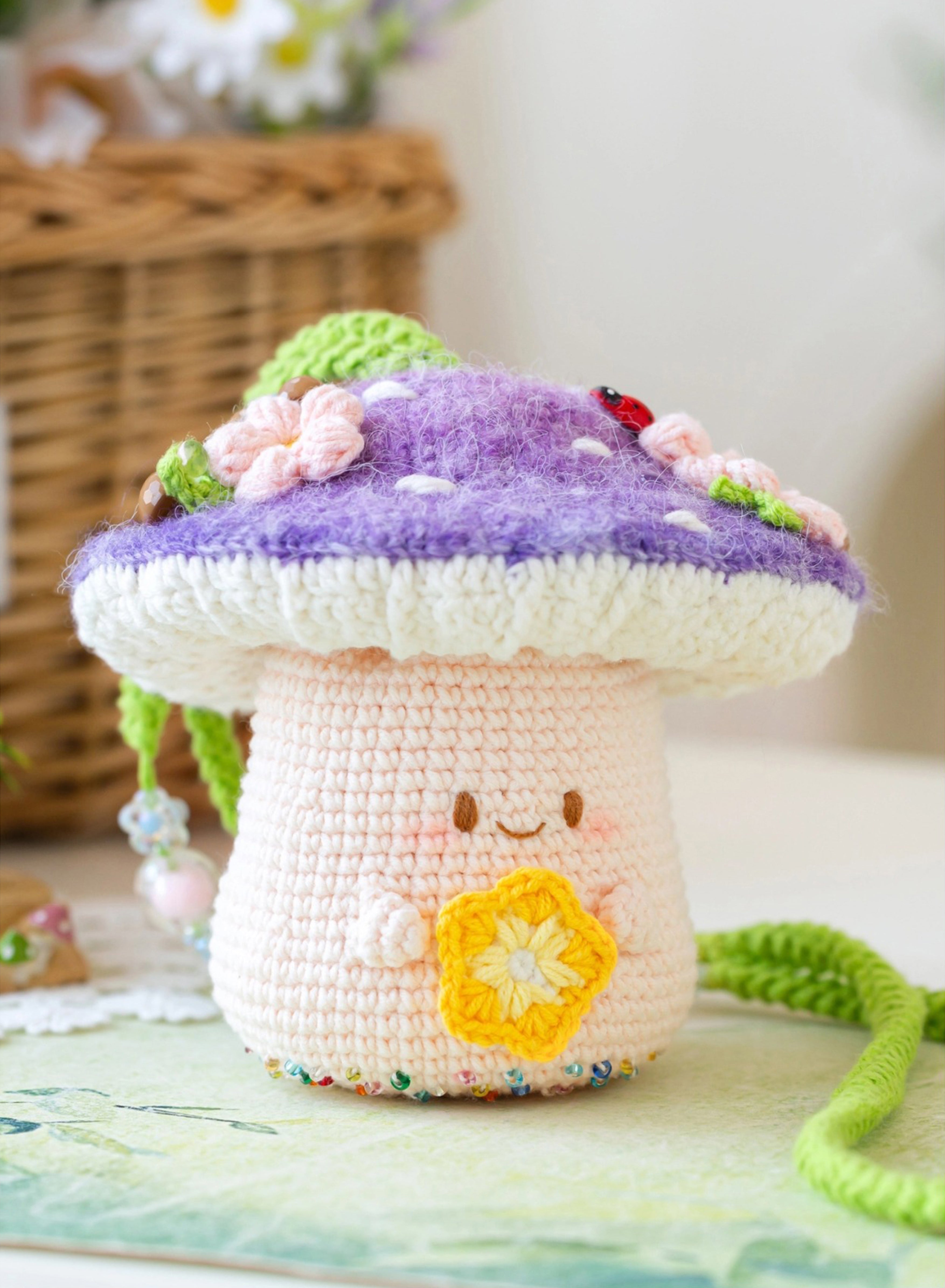 Mushroom Drawstring Bag crochet kit · Purple Mist · DIY kit · Yarn, printed pattern & tools (kit yarn or project shown)
